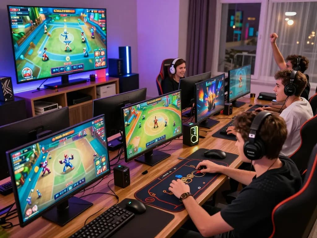 Exciting Game bài scene with diverse players enjoying popular games like Tiến Lên Miền Nam in a vibrant gaming setup.