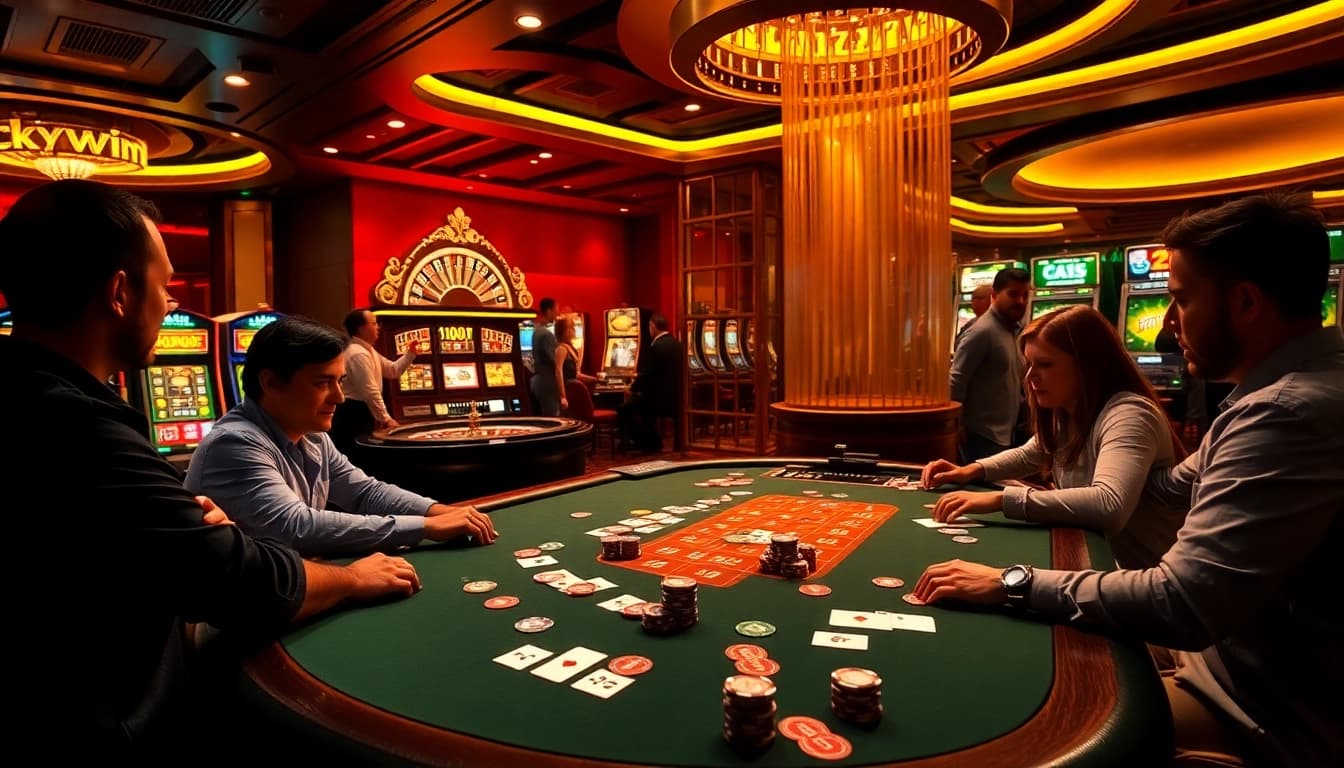 Luckywin players engaging in a thrilling poker game at a vibrant casino table.