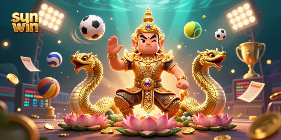 Experience the thrill of sun win with dynamic sports elements and vibrant guardians in this 3D casino illustration.
