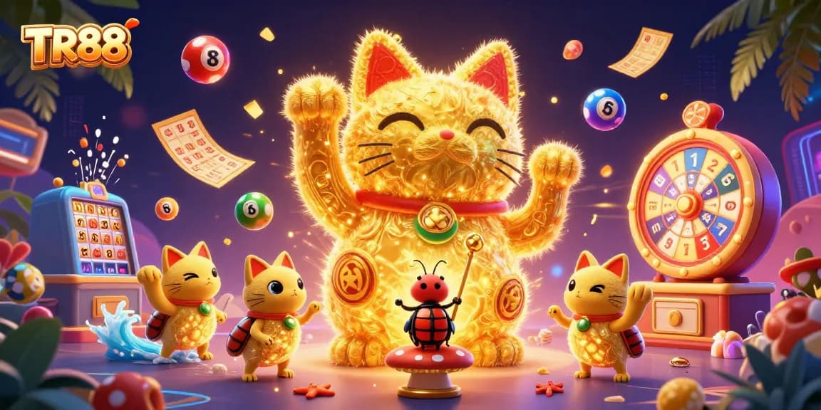 Experience thrilling gaming action with TR88, featuring a lucky cat and vibrant casino elements.