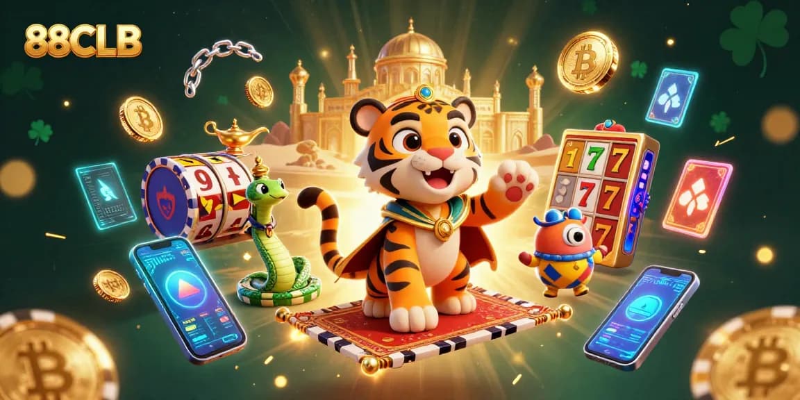 Win big at 88CLB with a dynamic scene of a tiger sultan flying over a poker chip carpet and crypto coins.