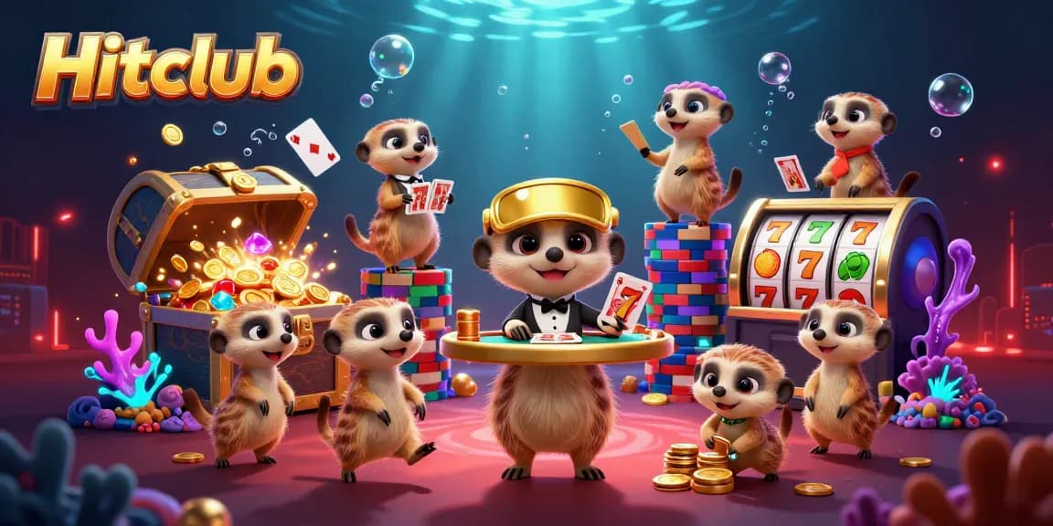 Hitclub showcases a fun meerkat casino scene with vibrant games, winnings, and colorful graphics.