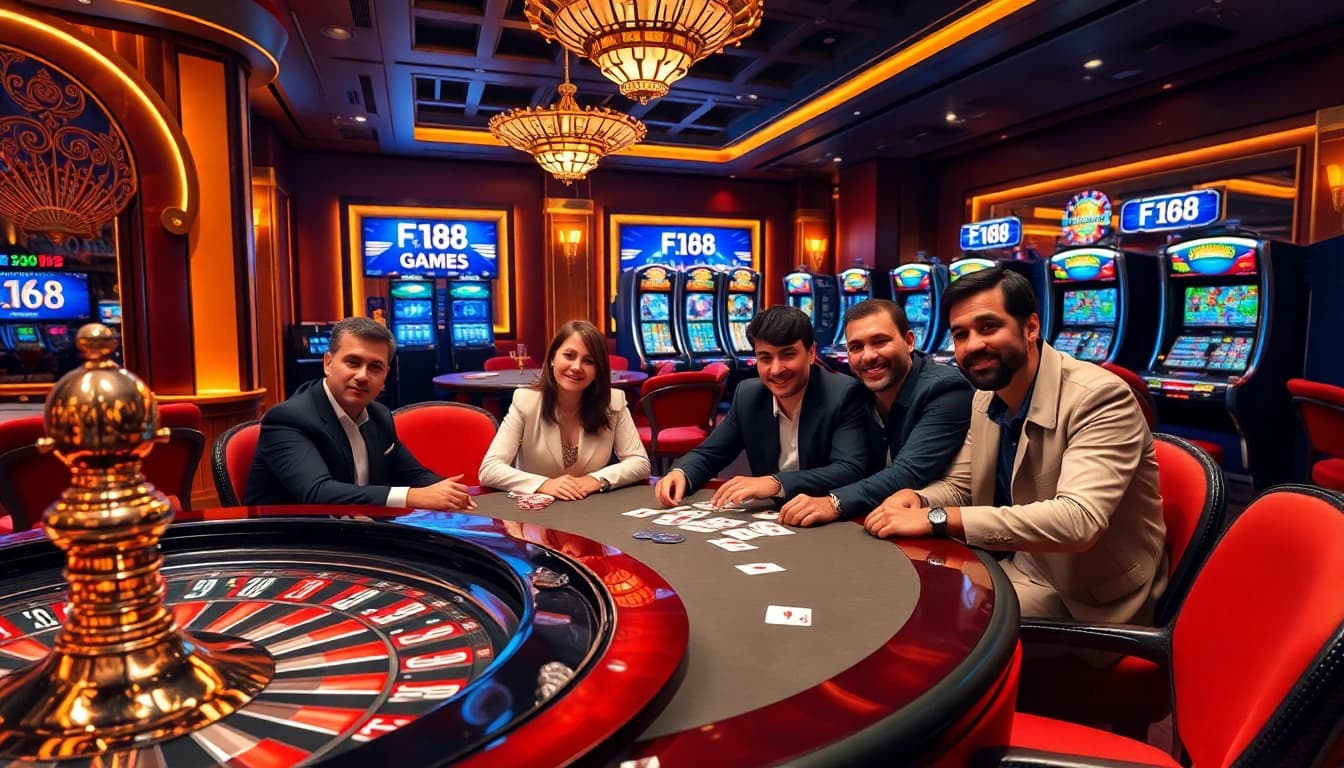 Gambling excitement at F 168 with poker players enjoying high-stakes action and roulette thrills.