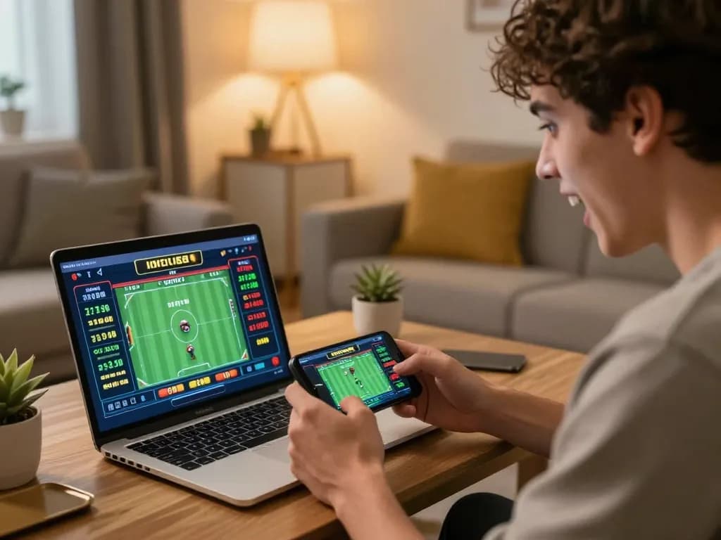 Player betting on sports through fc88on app with excitement in a cozy living room.