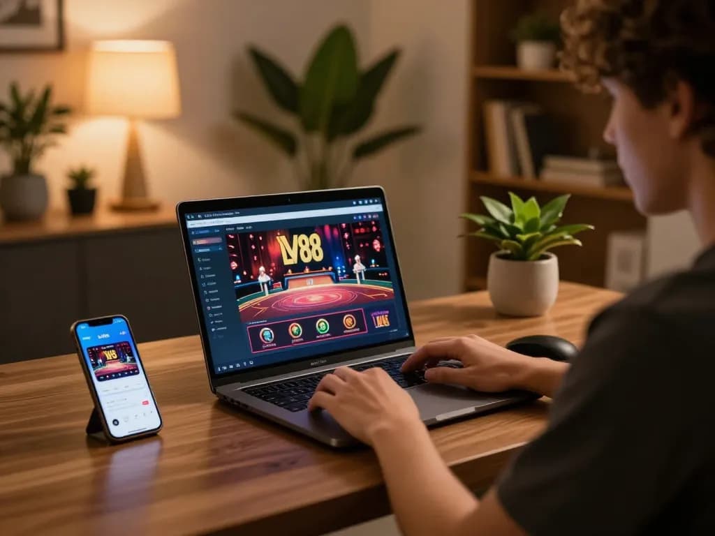 Login to LV88 on a stylish laptop, enjoying premium online casino games in a cozy home setting.