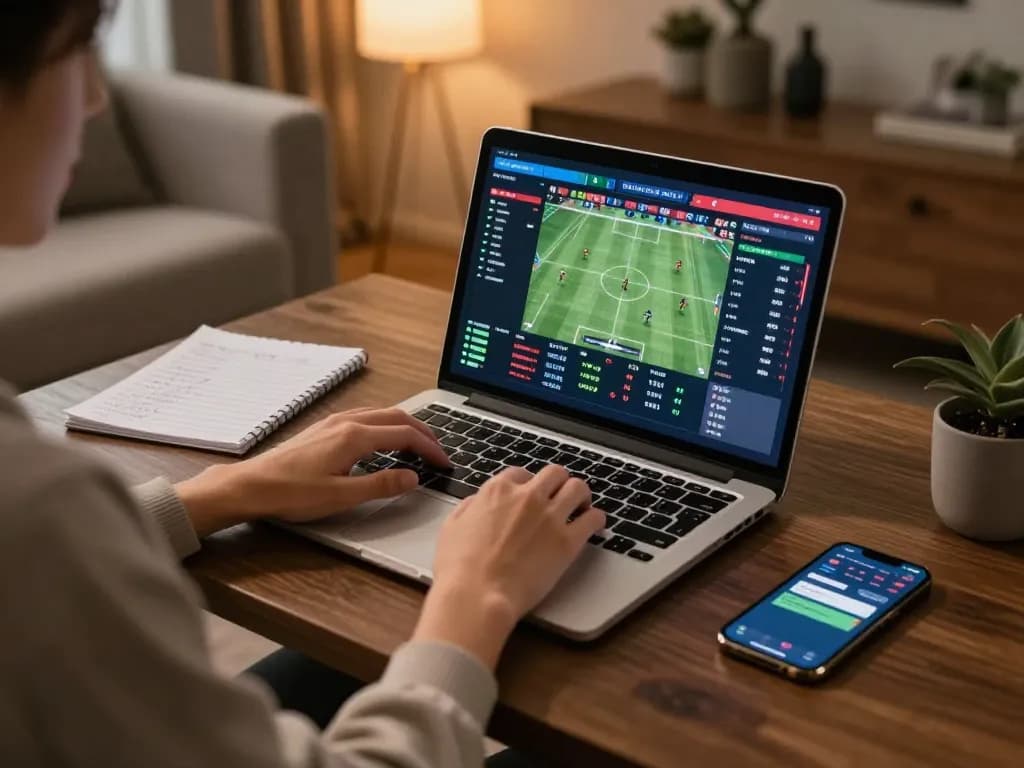 Engaged user analyzing odds on jun 88 sports betting app in a cozy home office.