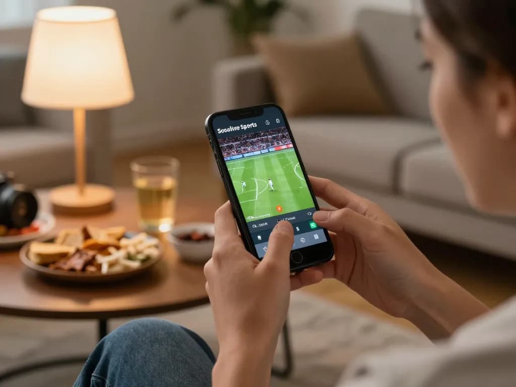 Socolive sports app user enjoying live football match during a cozy home setting.