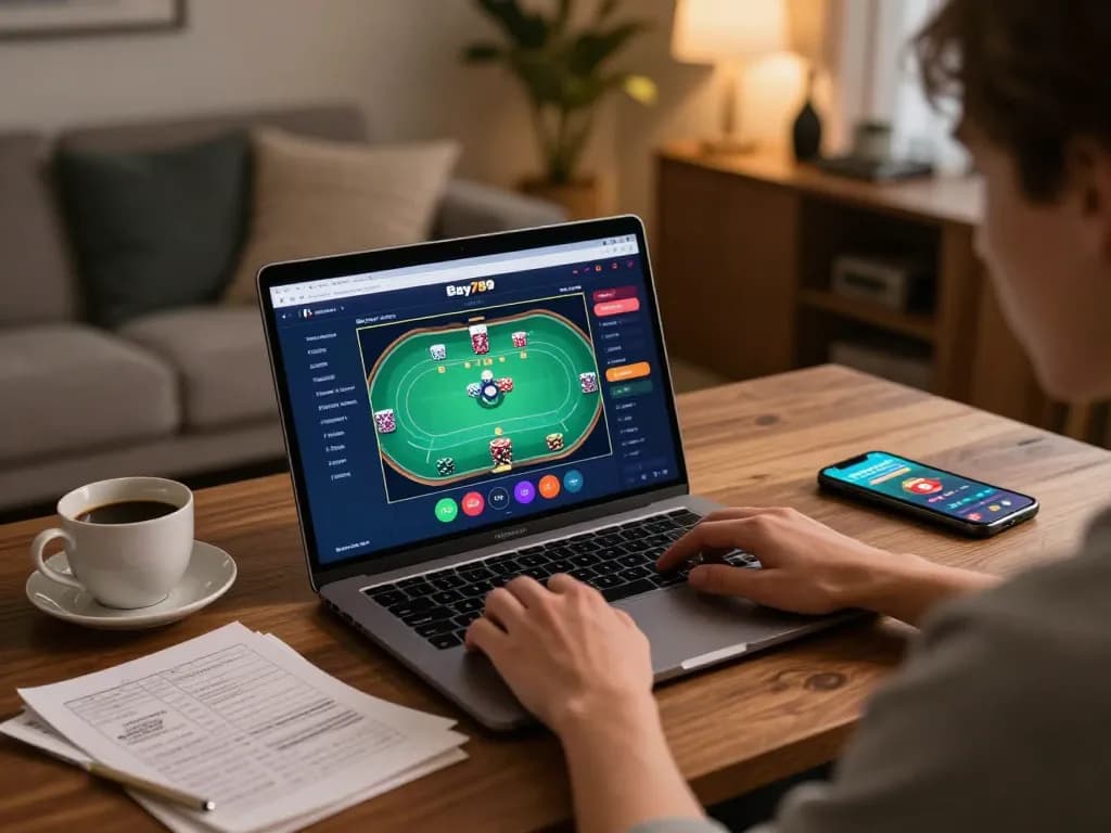 Engaging player utilizing Bay789's online casino interface for an immersive gaming experience