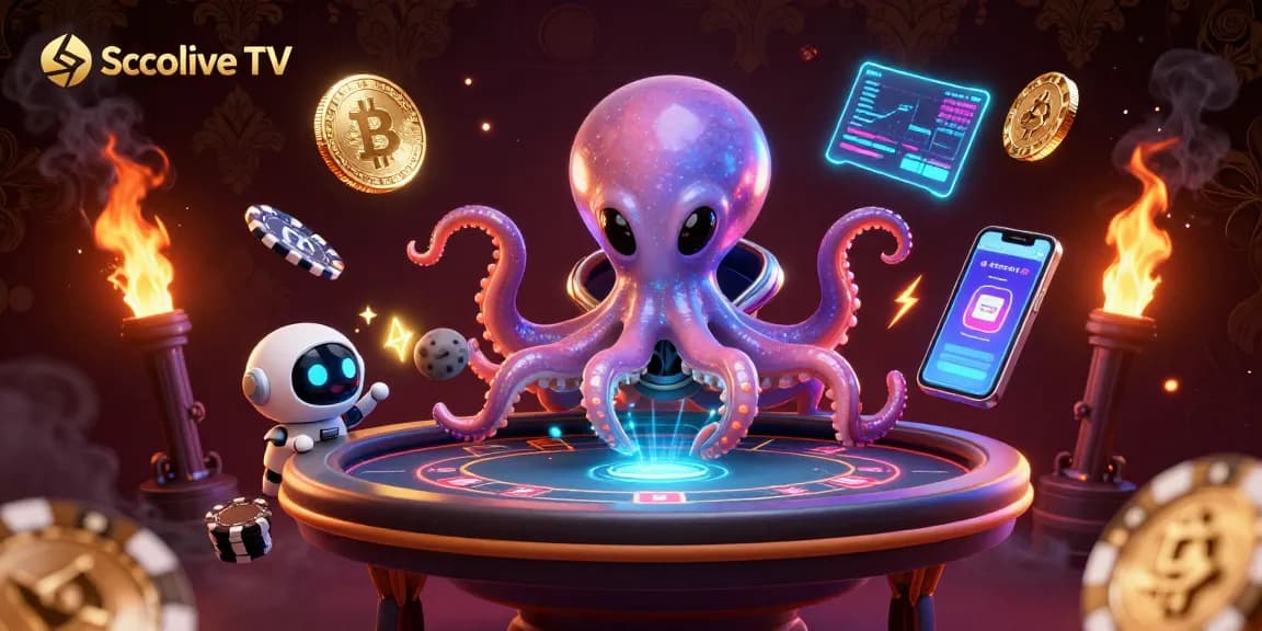 Socolive TV brings excitement to poker with alien octopus hosting a holographic table surrounded by vibrant crypto coins.