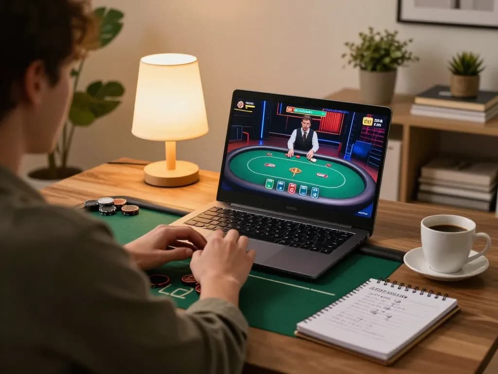 Engaging in poker on a laptop at https://123bz.uk.net/ with live dealer, illustrating strategic online gaming.
