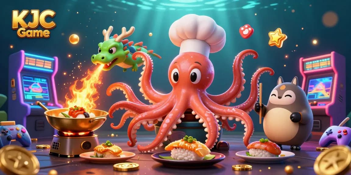 KJC Game showcases a vibrant scene with an octopus chef and a dragon, integrating casino elements and gaming icons.