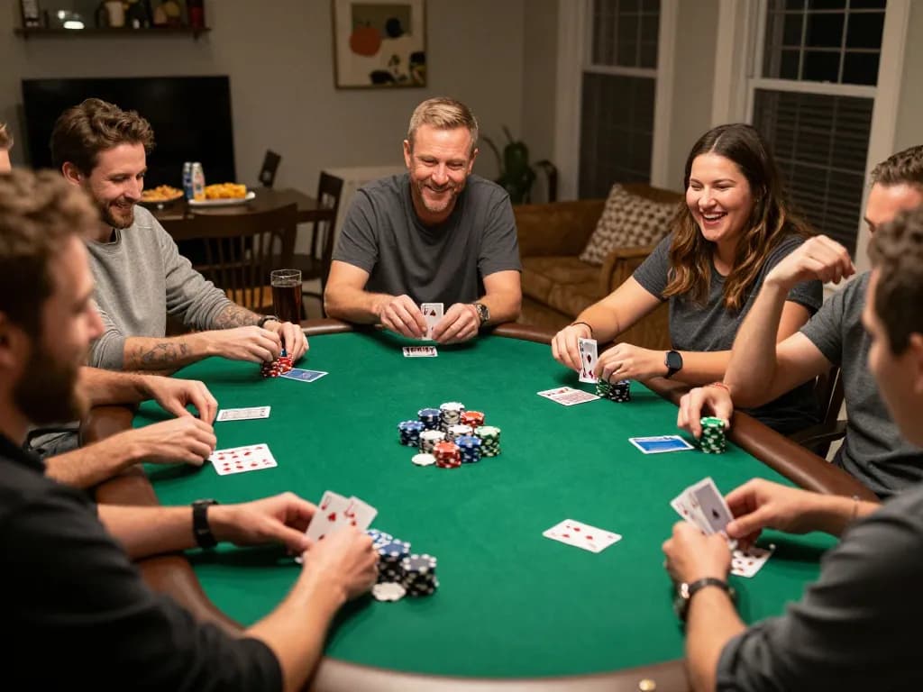 Tg887 players enjoying an intense poker night with friends, chips and cards displayed.