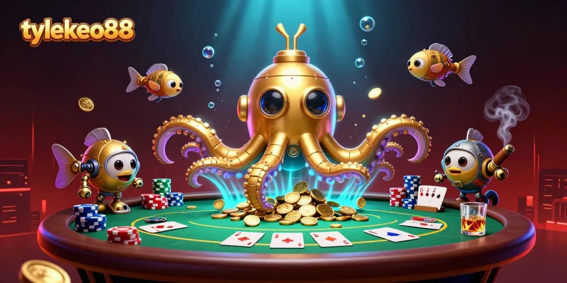 Engage with tylekeo88's golden kraken submarine amidst vibrant poker elements in a casino undersea adventure.