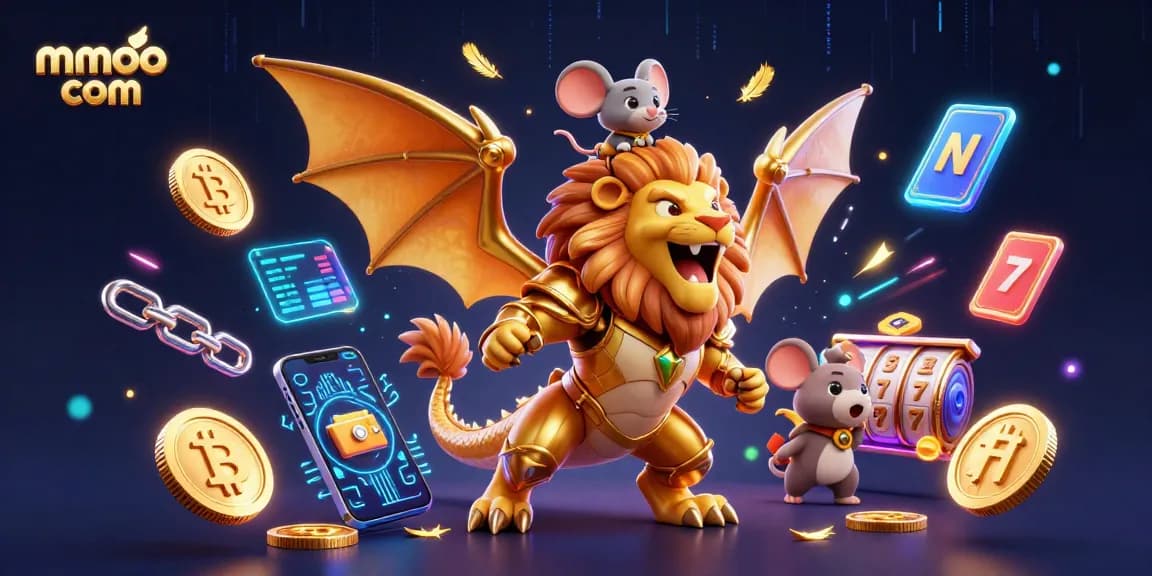 Engage with mmoo com at this vibrant 3D casino scene showcasing playful characters amidst slots and crypto elements.