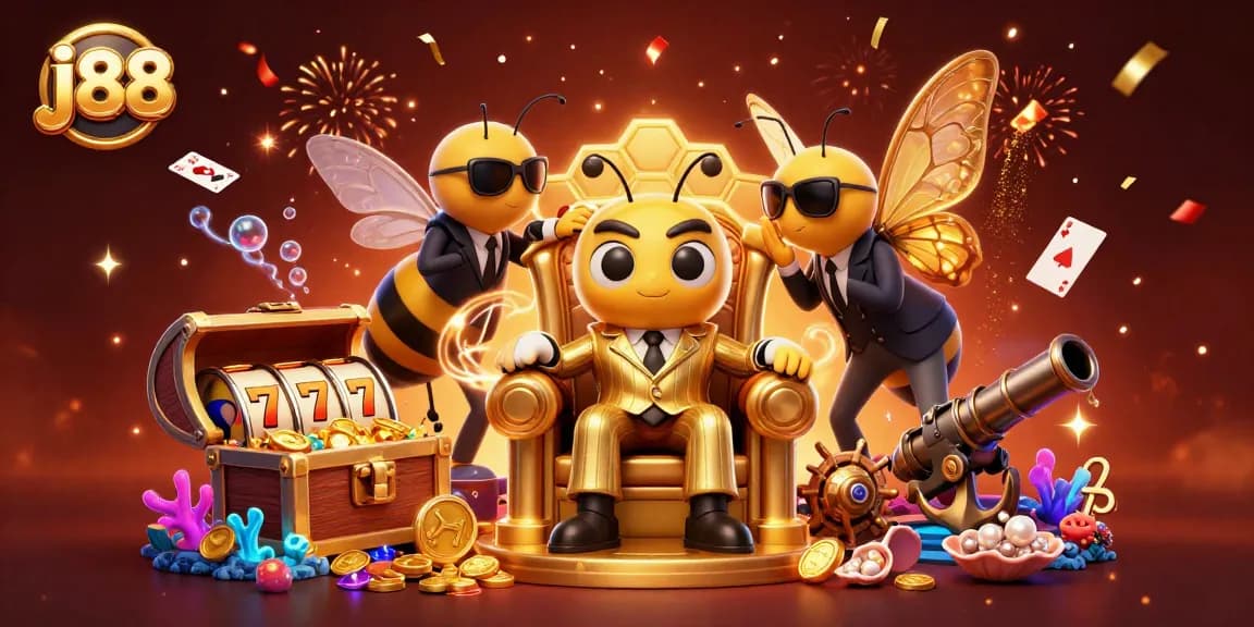 Experience thrilling j88 casino excitement with a vibrant 3D scene featuring a bumblebee mob boss and slot machine action.