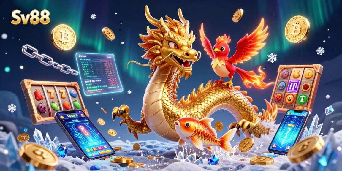Engage with Sv88's thrilling casino experience featuring a dragon and phoenix amid winning elements.
