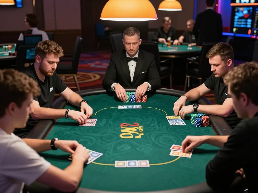 Players strategizing and placing bets at a 23Win poker table, showcasing excitement and competition.