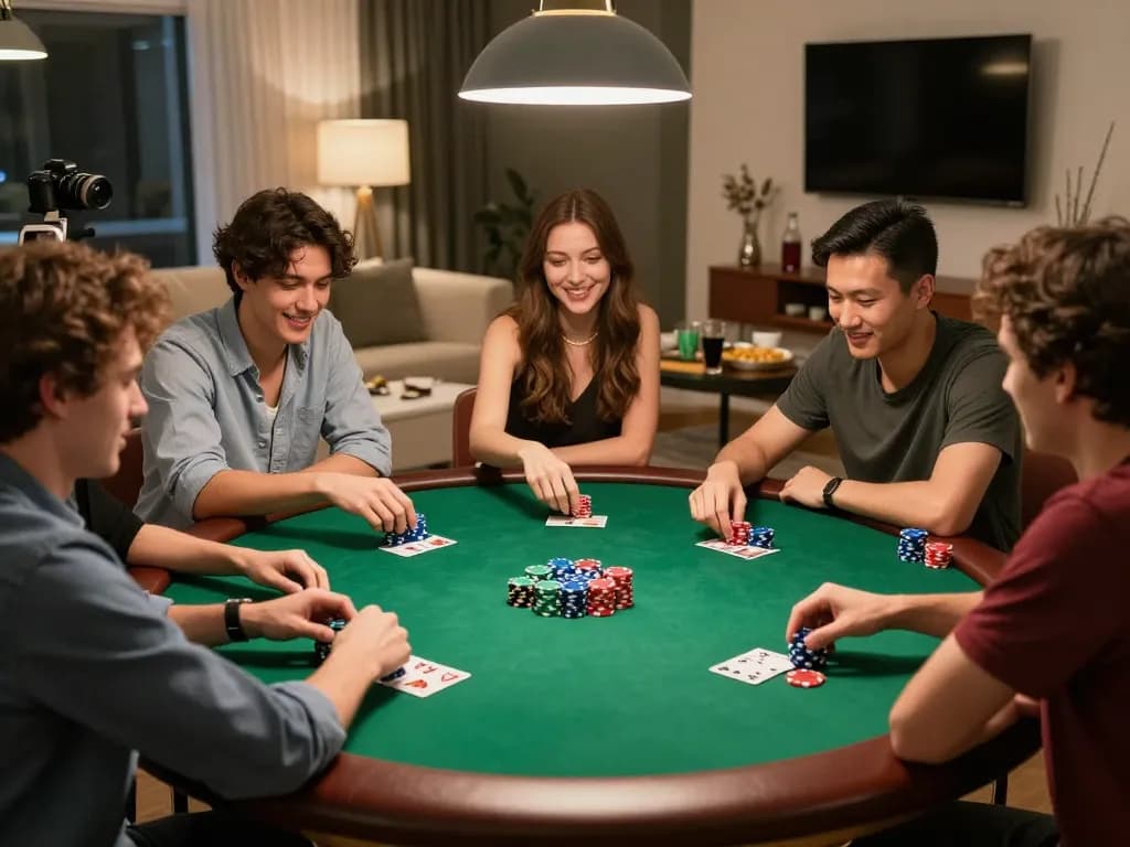 Friends enjoying a spirited poker night at home, highlighting 789bet strategy and social interaction.