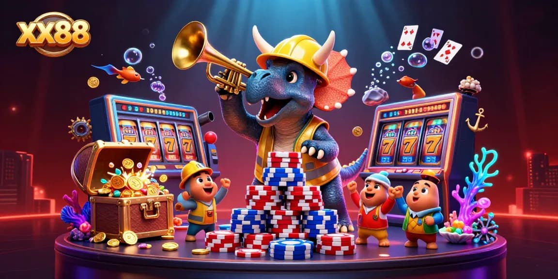 Engage with xx88's casino atmosphere, featuring lively triceratops and festive poker chips.