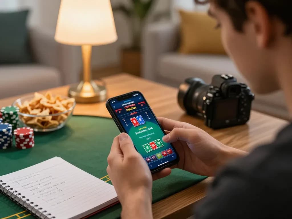 Player enjoying online gaming at 888newcasino with smartphone, showcasing a live poker game.