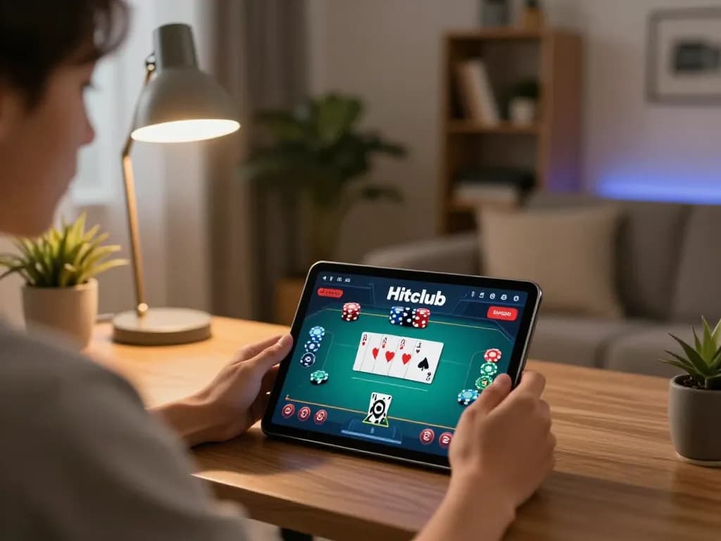 Hitclub player engaged in strategic online poker gaming on a tablet in a cozy home setting.