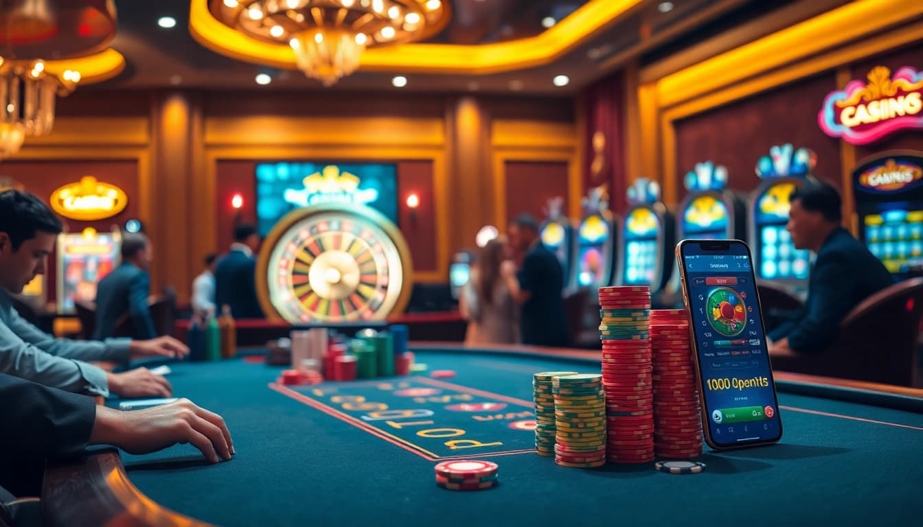 This is a vibrant casino scene showcasing high-stakes poker at https://win58win.com/, with luxurious tables and engaging entertainment.