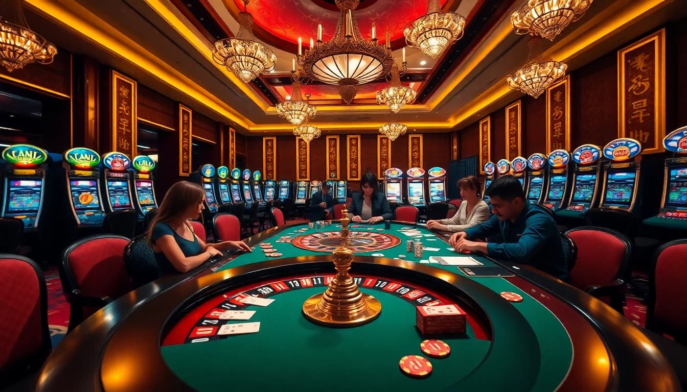 Players enjoy high-stakes poker at a luxurious casino table from nhà cái 9bet, surrounded by vibrant slot machines.