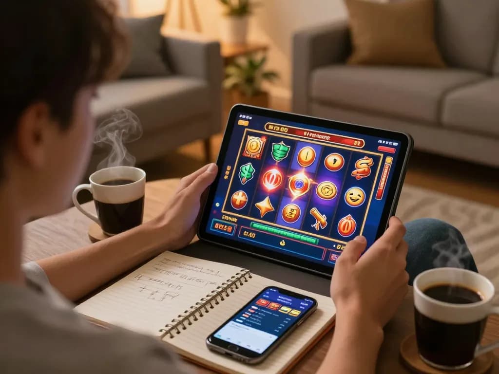 Engaging in online gaming at trang chủ nk88 with slots showcased on a tablet in a cozy home environment.