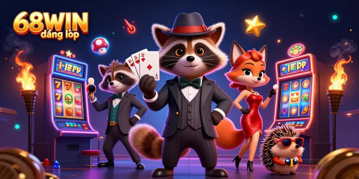 Engage in 68WIN đăng nhập with a lively casino scene featuring a suave raccoon, a stylish fox, and a hedgehog bouncer.
