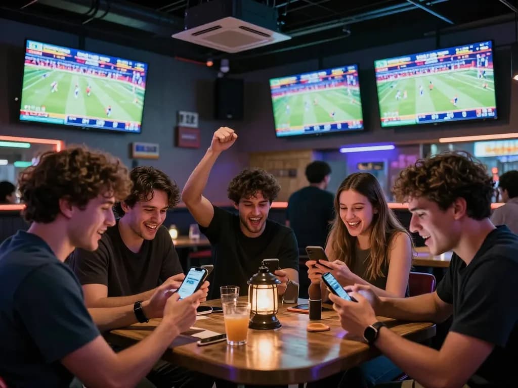 Engaged bettors enjoying live sports with 33win apps in a vibrant bar setting
