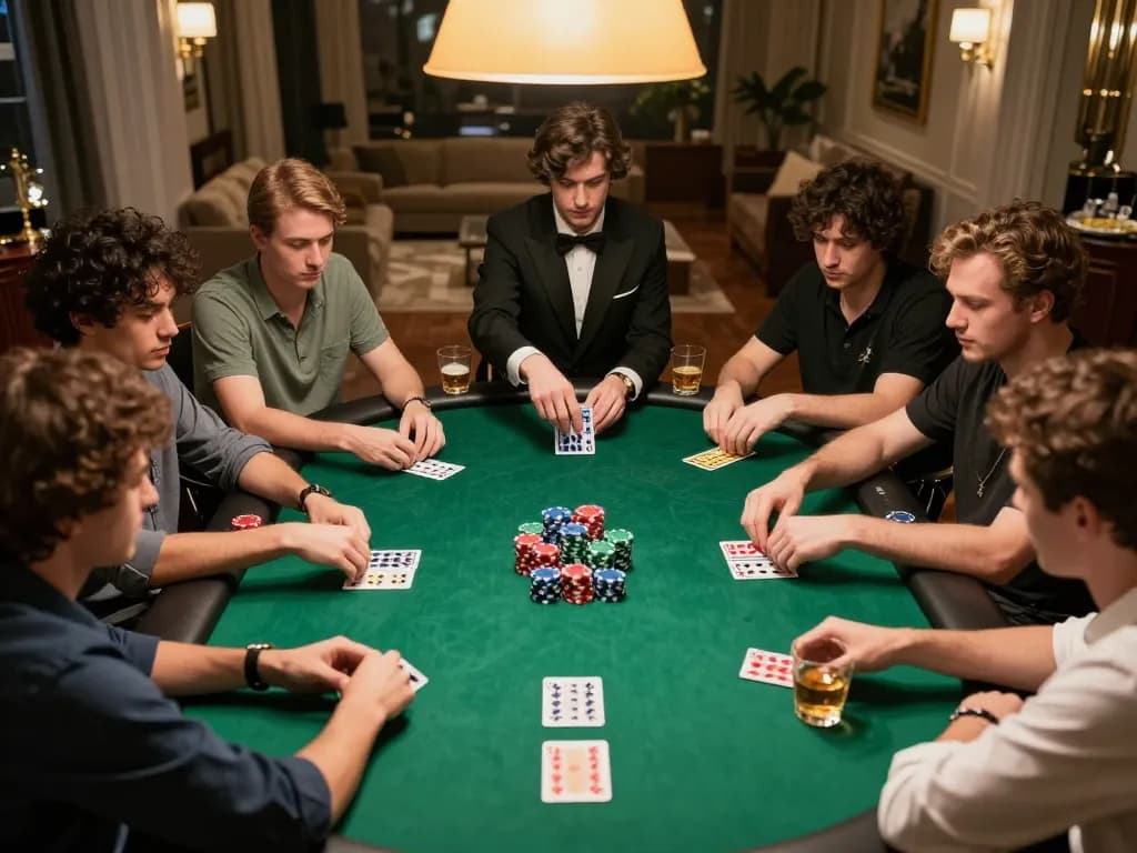 fly88 players strategizing in an exciting poker game at home with drinks and snacks