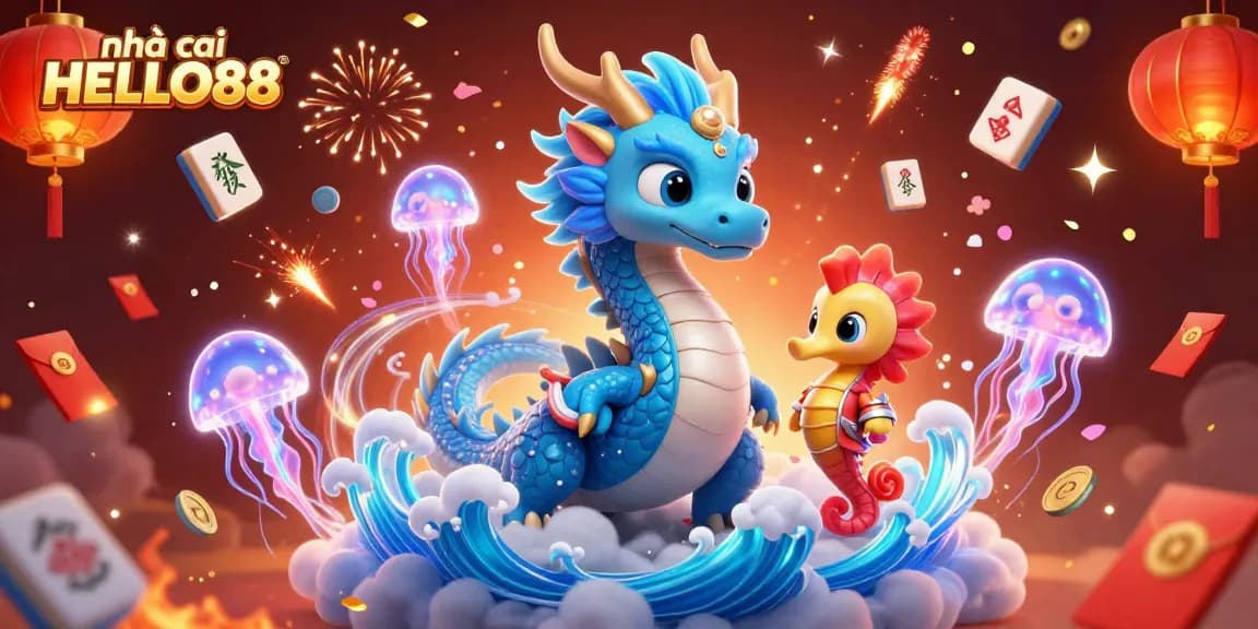 Engage with the vibrant world of nhà cái HELLO88, featuring a 3D azure water dragon and seahorse knight.