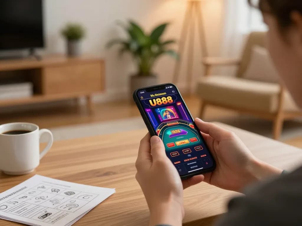 Player engages with U888 app on smartphone in cozy home setting, focusing on live dealer game.