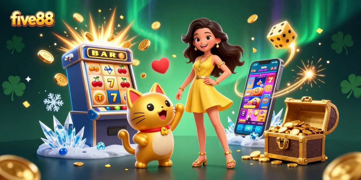 Experience winning moments with five88 in a vibrant casino scene, featuring lucky symbols and gold.