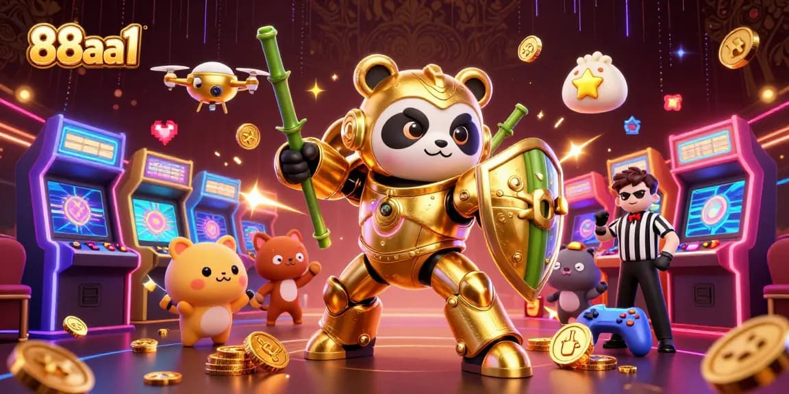 Join the golden panda in a vibrant casino adventure at 88aa1, surrounded by playful game elements.