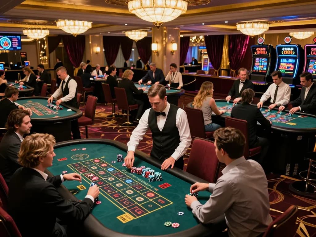 Players placing bets at CM88 casino roulette tables, showcasing the vibrant gambling scene.