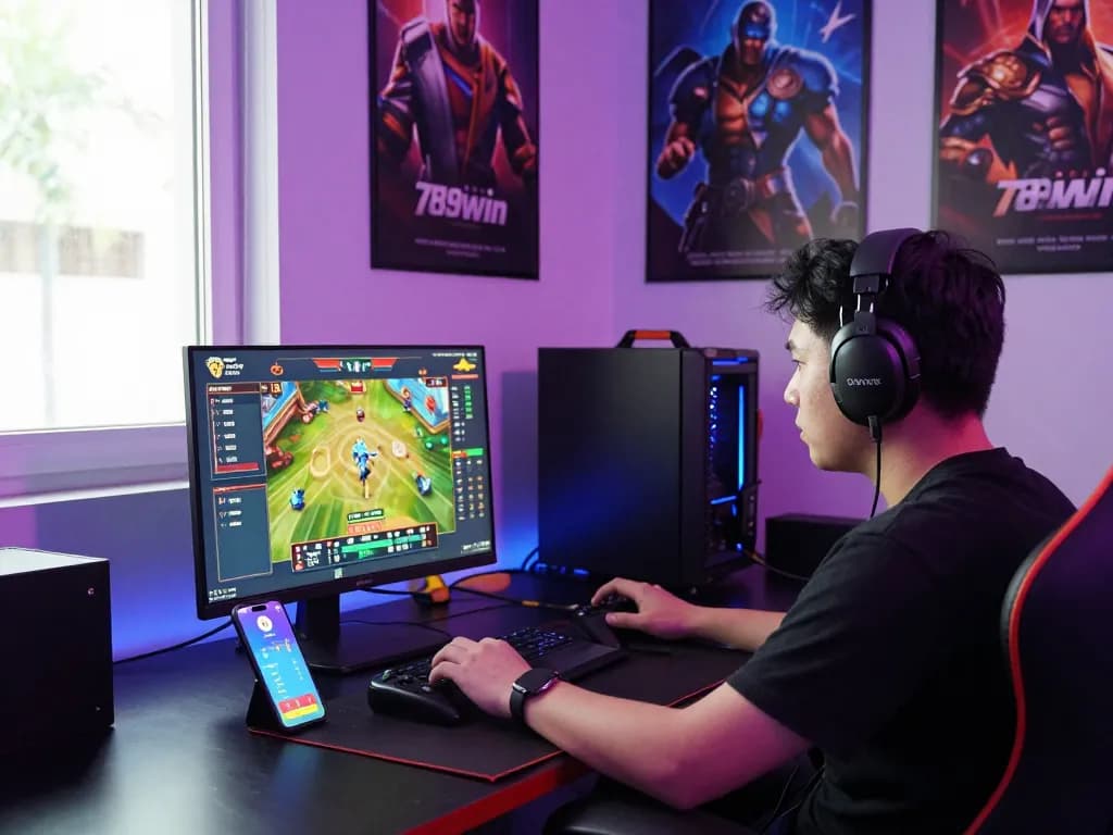 Dynamic gaming setup highlighting nhà cái 789win with a focused player and vibrant interface.