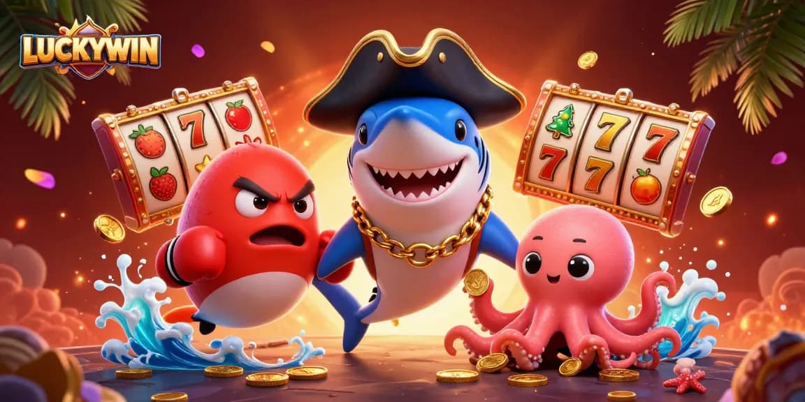 LUCKYWIN brings excitement with a dynamic cartoon scene of characters celebrating casino wins.