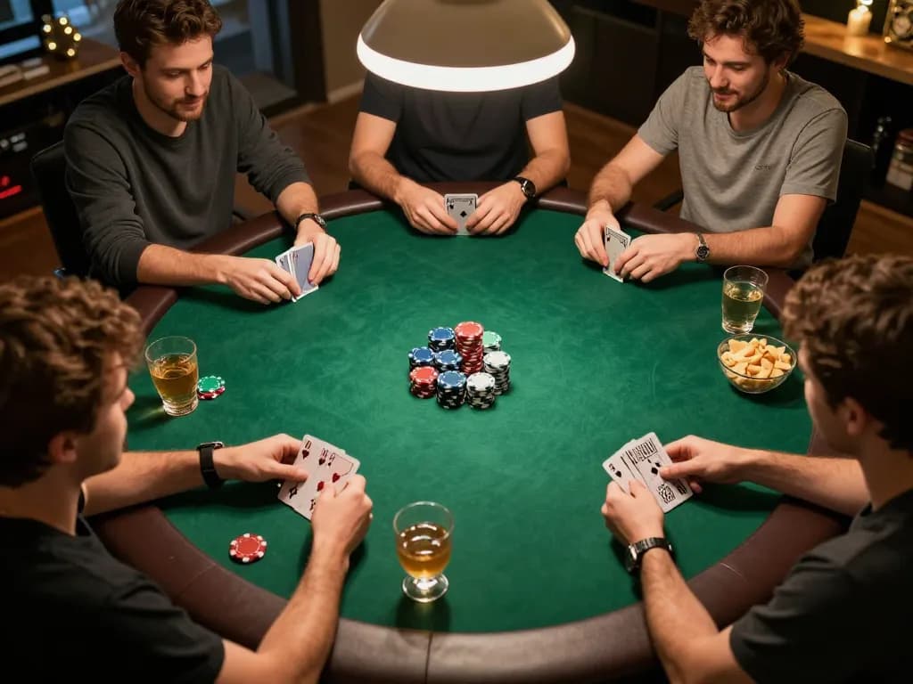 Players at a home poker night strategizing at the table, immersed in HELLO88 gameplay.