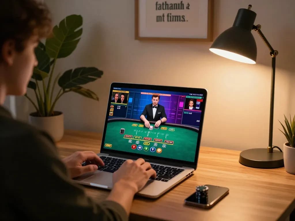 Player engaged in 88vv live dealer blackjack on a laptop, demonstrating online gambling excitement.