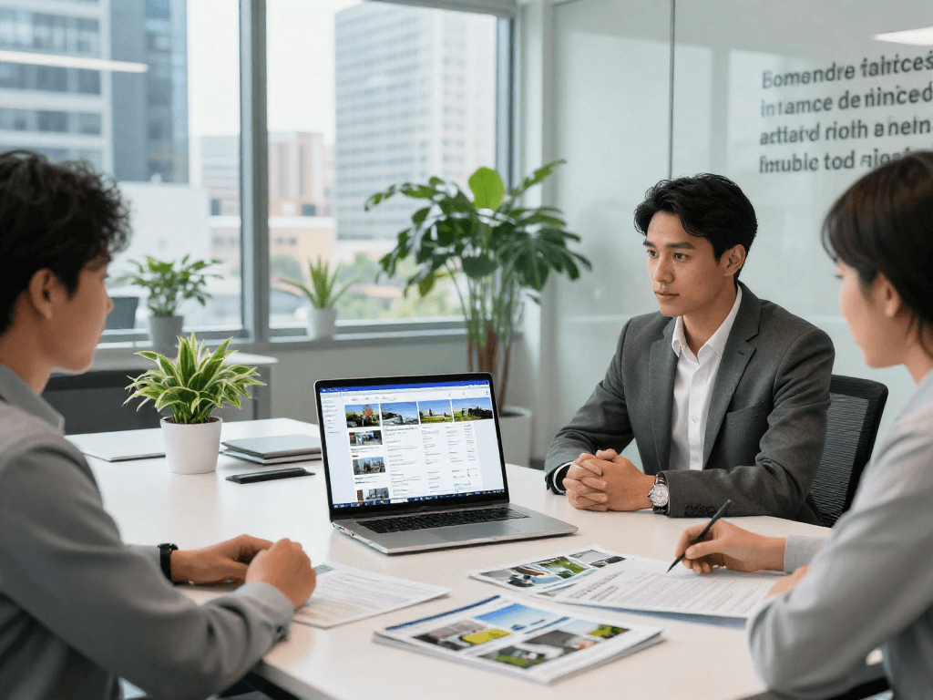 Real estate agent using IDXSTAR technology in a modern office, showcasing digital property listings.