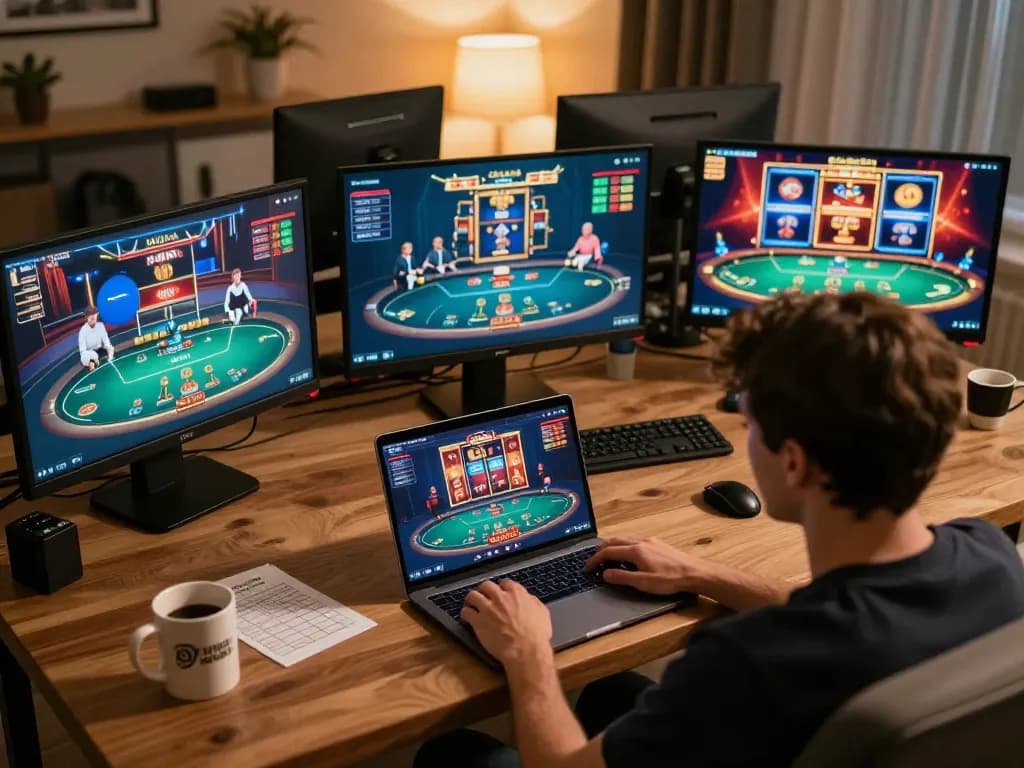 Person utilizing laptop for online gaming at home, showcasing an engaging nhacaiuytinn experience.