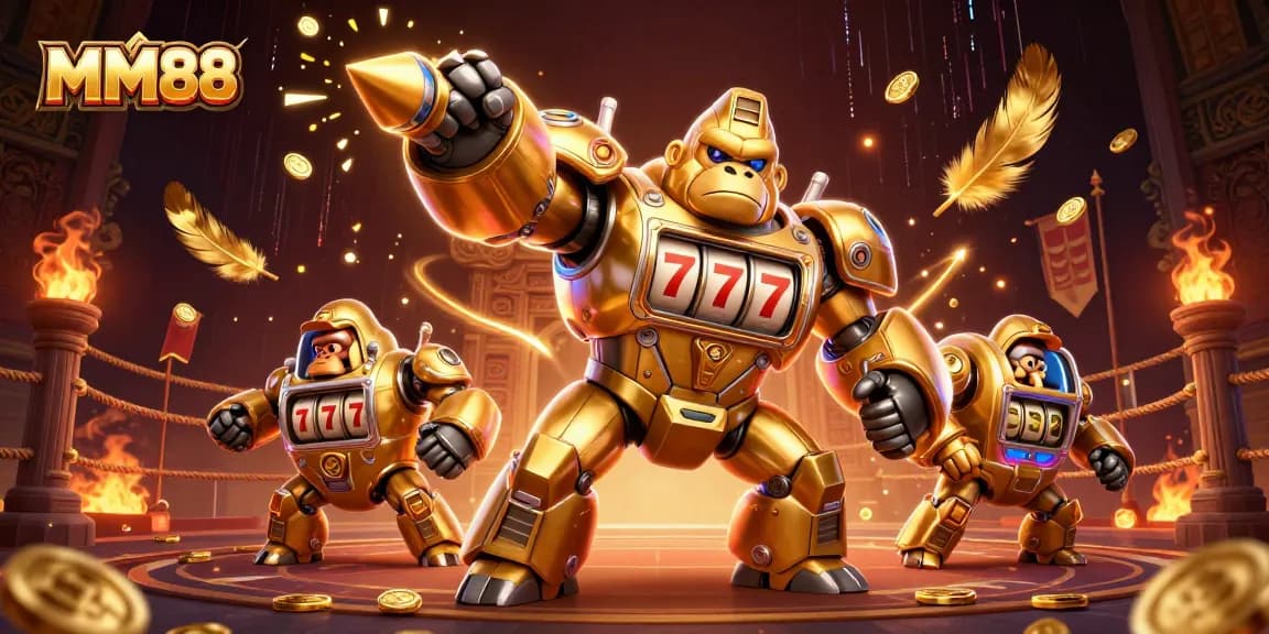 Engage in thrilling MM88 adventures with a dynamic 3D illustration showcasing a golden gorilla mech and game elements.