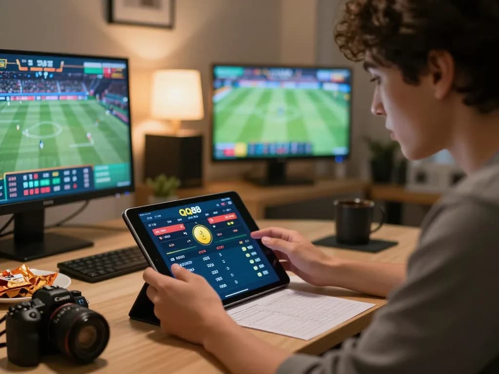 Engaging with the QQ88 app for live sports betting in a modern home office setup.