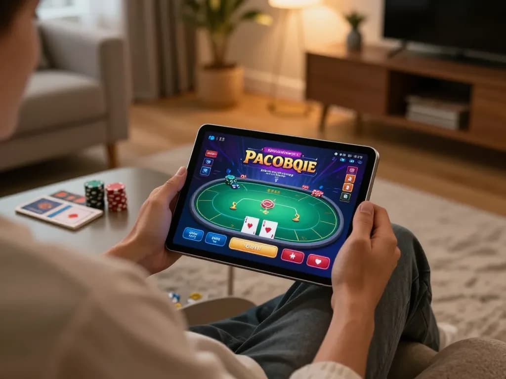 Engaging in online gaming with 789betgo on a tablet, showcasing a vibrant poker interface in a cozy home.
