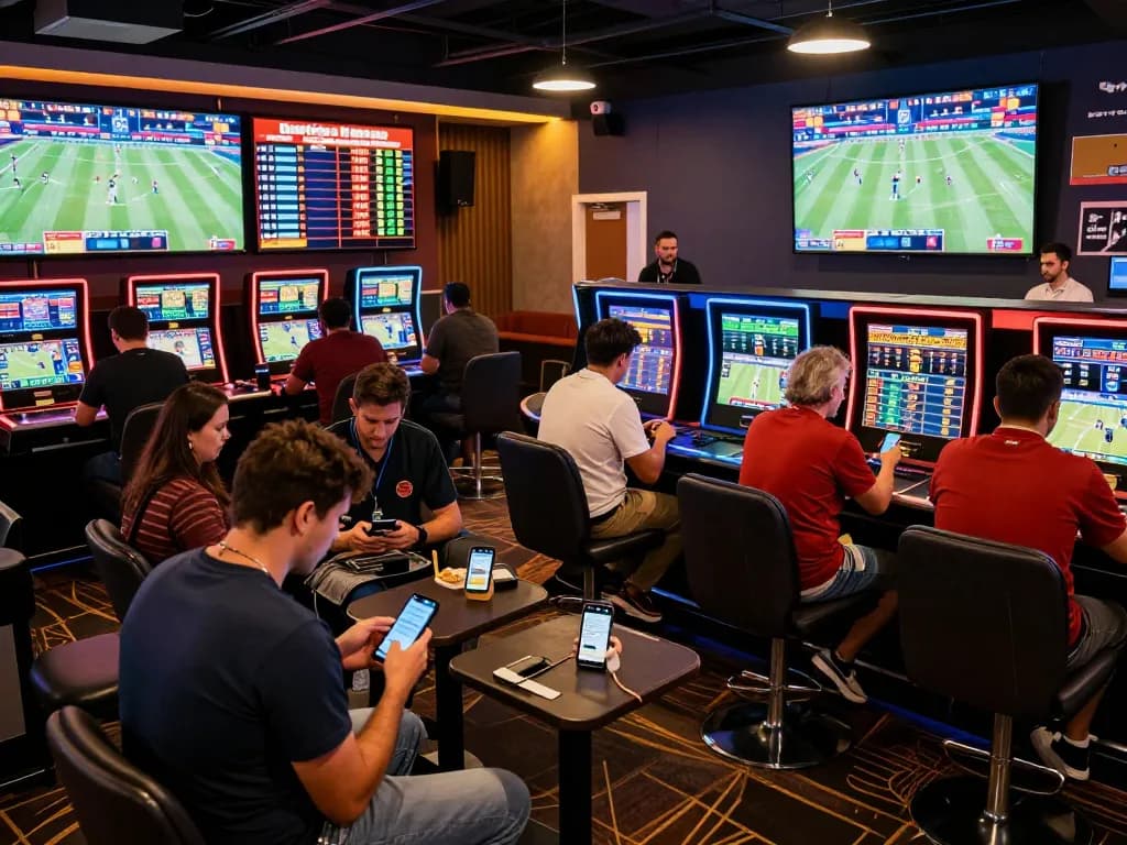 Dynamic sports betting scene showcasing 9BET users eagerly checking odds and engaging in live matches.