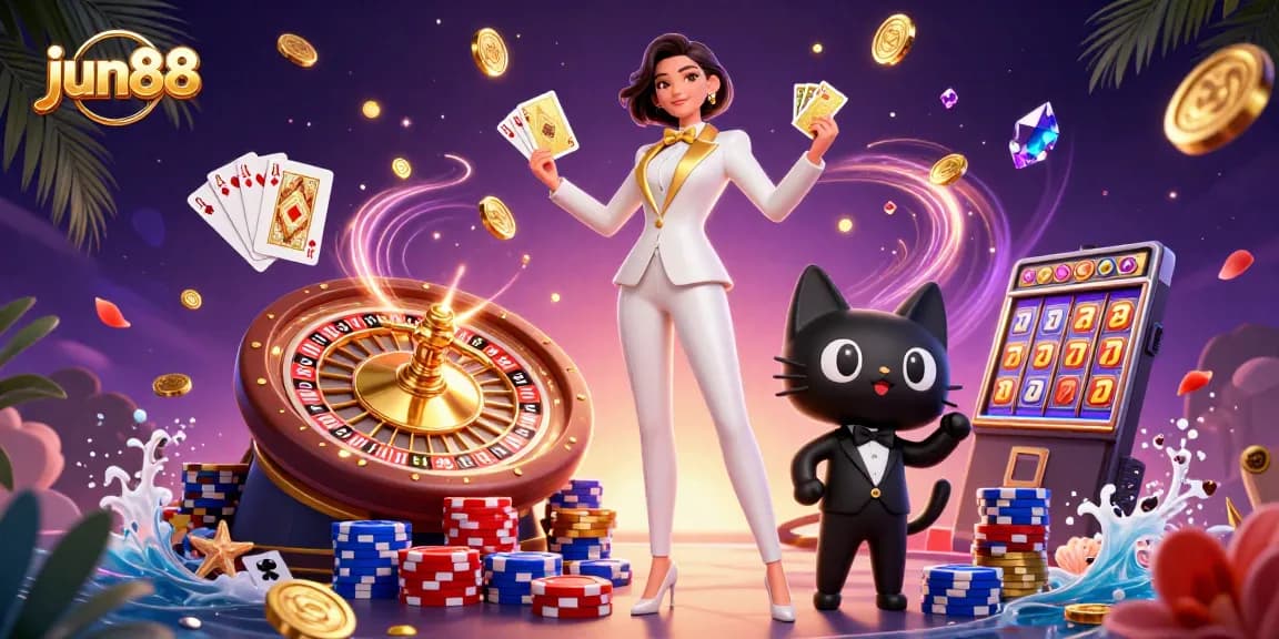 Join jun88 for exciting online gaming with a glamorous dealer, playful cat, and vibrant casino atmosphere.