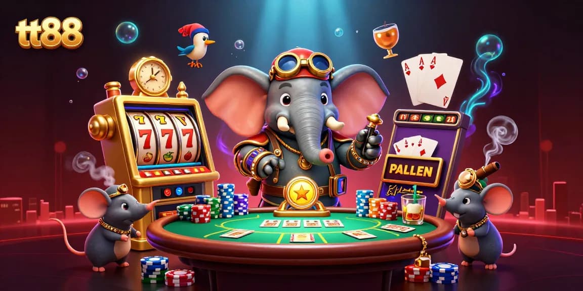 Experience thrilling gaming at tt88 with a vibrant steampunk scene showcasing slot machines and poker elements.