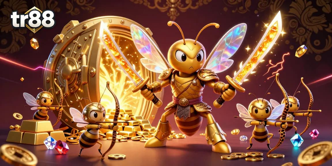 tr88 engages players with a stunning 3D illustration of a golden hornet in samurai armor in a vibrant casino scene.