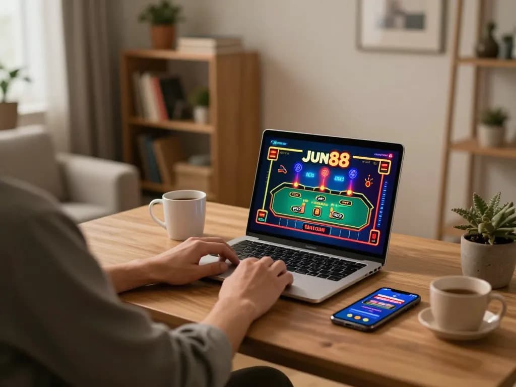 Engaging with thrilling live casino games on Jun88 com during a cozy home gaming session.